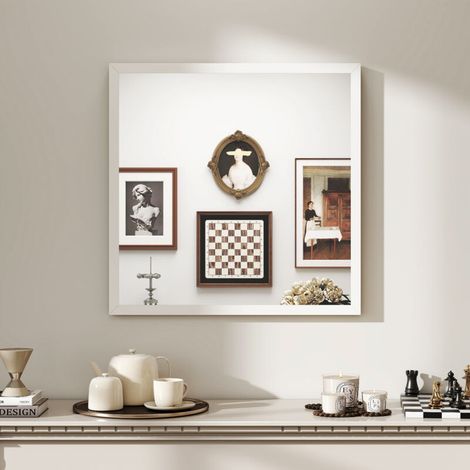 Miroir mural carré 50 x 50 cm, cadre en bois blanc, idéal pour la salle de bain, salon ou chambre (1/5)