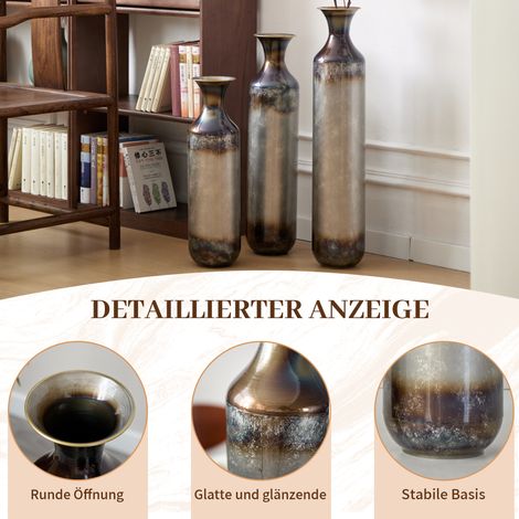 Lot de 3 vases artisanaux en fer forgé, finition vieillie flammée, grands vases au sol pour séjour et entrée, décorations en métal robuste, sans étanchéité (1/5)