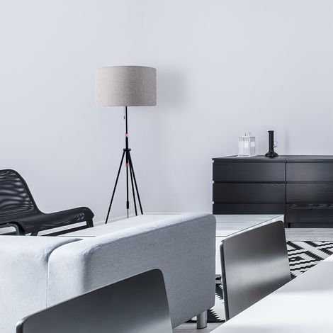 Paco Home Leselampe Lampenschirm Stehlampe Wohnzimmer Esszimmerlampe Büro Stativ E27 Grau (Ø45.5 cm), Stehleuchte Weiß/Alu gebürstet + Leuchtmittel