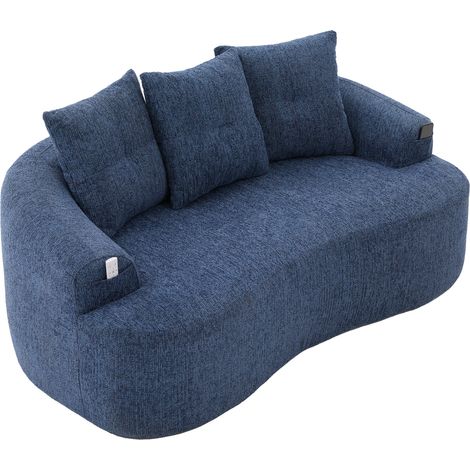 Canapé 2 places en chenille bleue avec coussins ronds et design compressé (1/5)