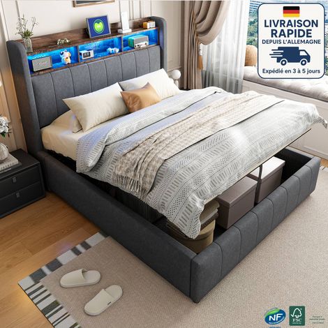 Lit coffre 140x200cm, lit double LED, tête de lit avec compartiments de rangement, USB, tissu en lin, lit adulte sans matelas, gris (1/5)