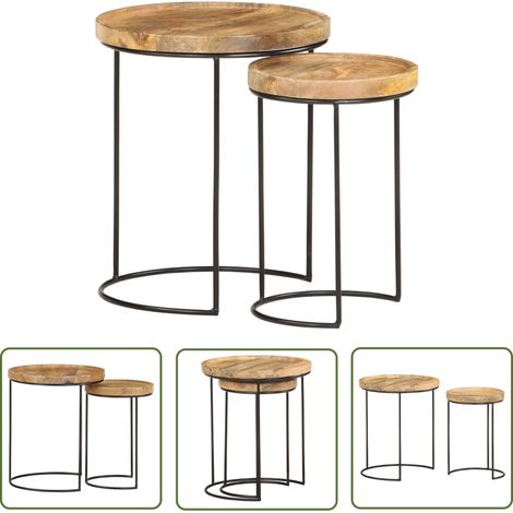 The Living Store Ensemble de table basse 2 pcs bois de manguier massif et acier - Table Basse - Ensemble De Tables - Meubles De Salon - Table Basse Design - Table Basse Industrielle (1/5)