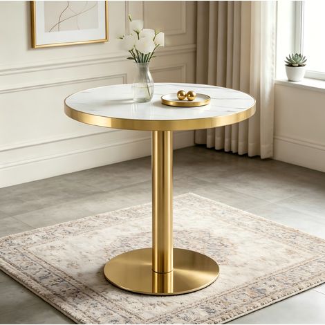 Table d’appoint ronde blanche et dorée avec plateau effet marbre et base en acier inoxydable, finition UV (1/5)