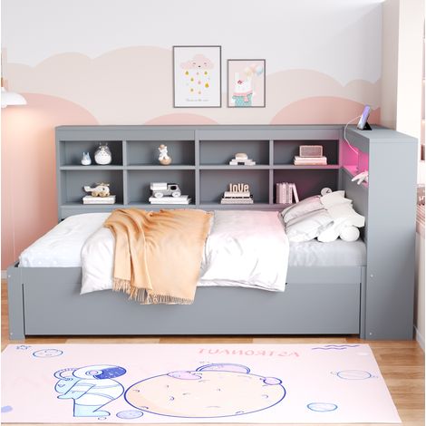 Lit moderne multifonction 140x200 cm en bois gris, avec tête de lit à étagères, rangements, LED et prise USB (1/5)