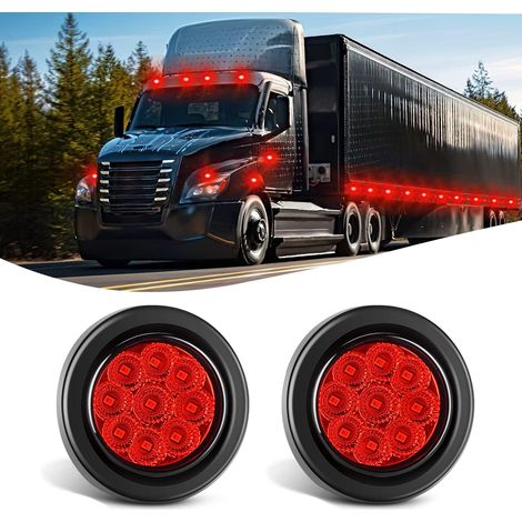 Luz de marcador redonda de 2 pulgadas, 2 unidades, luces indicadoras LED rojas de 9 LED, montaje empotrado con enchufe, ojal, coleta, cableado para camiones de 12 V, remolque, tractor, (1/5)