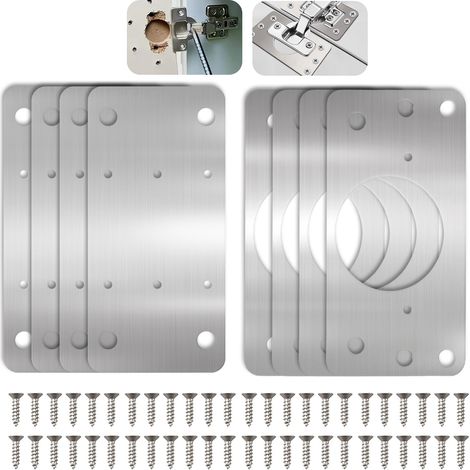 Plaque Reparation Charniere Porte Placard, 8 Pièces Réparation Charnières Meuble Cuisine Quincaillerie Plate Inoxydable Kit de Renforcement Fixation Porte avec Vis pour Bois Étagère Armoire (9046mm) (1/5)