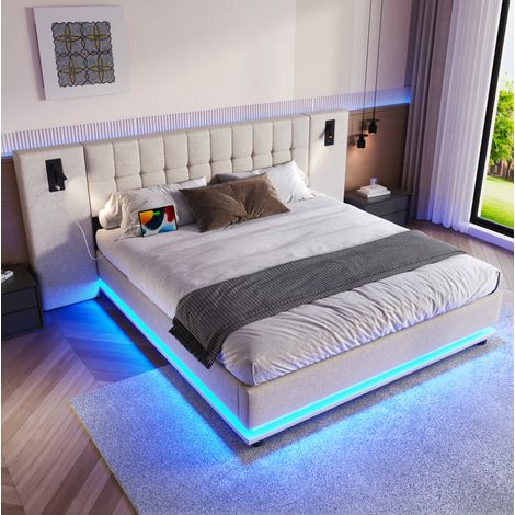 Lit rembourré en beige 180x200 cm avec LED, tête de lit avec spot et port USB (1/5)