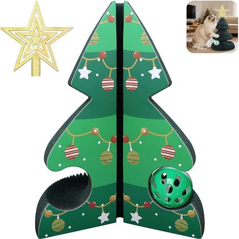 Griffoir Chat Vertical Forme Sapin Carton Ondulé Planche à Gratter Interactive Balle Clochette Structure Nid d'abeille (1/2)