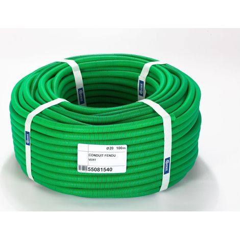 Gaine électrique Flexzip verte standard fendue D.20mm – Longueur 50m – Non propagateur de la flamme – Fabrication française – Courant
