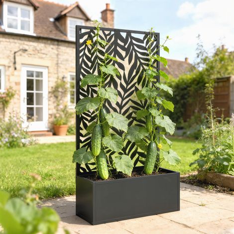 Jardinière paravent confidentialité Jardinière treillis Motifs feuilles tropicales - Dimensions: 61x23x113 cm - Couleur: Noir