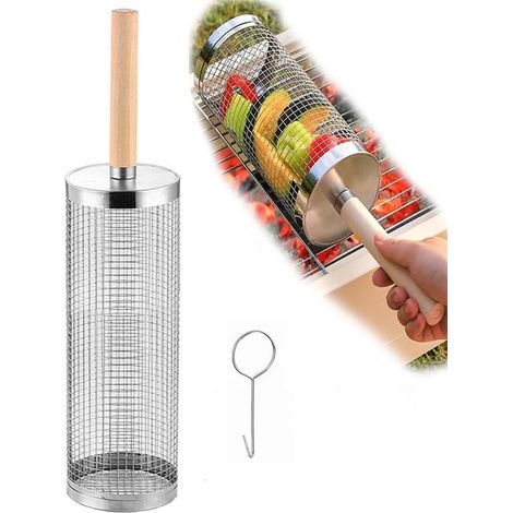 Panier à griller roulant en acier inoxydable avec poignée en bois amovible, idéal pour le barbecue, le fumage de légumes et de viande, et le camping en plein air. (1/5)