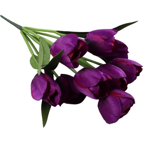 Bouquet de tulipes artificielles avec 9 têtes de fleurs, tiges et feuilles en plastique réalistes, arrangement floral artificiel vif pour décorations de mariage, bouquets de mariée, fêtes (1/5)