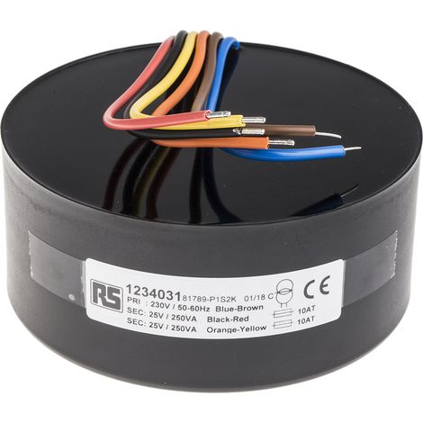 Transformateur torique RS PRO 2 sorties, 230V c.a. 2 x 25V c.a., 500VA ( Prix pour 1 )