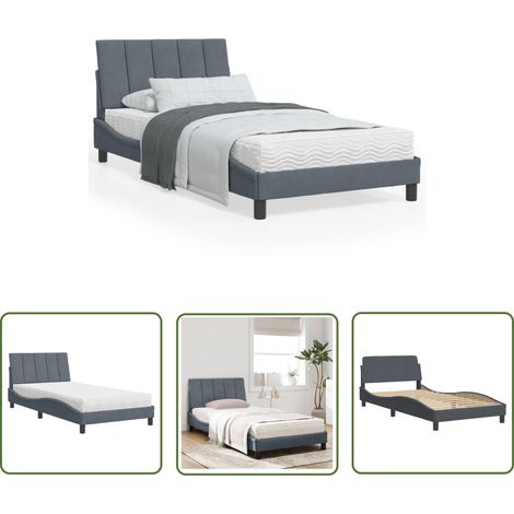 The Living Store Lit avec matelas gris foncé 100x200 cm velours - Lit Double - Lit Capitonné - Lit Design - Lit Velours - Literie (1/5)