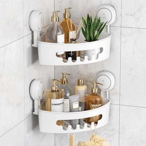 2PCS Etagère Douche sans Perçage Support Douche de Coin 1 Seconde Installation Charge 10KG Impérable Rangement pour Carrelage Paroi de la Salle de Bain & Cuisine