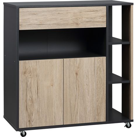 Chariot de cuisine multi-usages avec tiroir, armoire et étagère, îlot de cuisine avec 4 roues, 80x39x86,5 cm, bois et noir (1/5)
