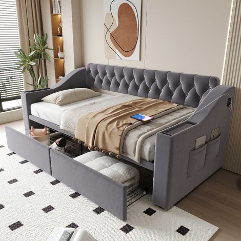 Schlafsofa 90x190 cm mit Stauraum und Schubladen, Polsterbett aus Samtstoff in Dunkelgrau, Tagesbett mit USB-Ladeanschluss und Armlehnen (1/5)