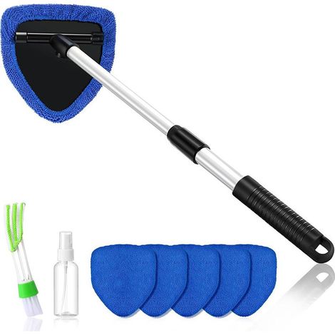 Kit de limpieza para coche, 6 almohadillas lavables, limpieza interior del parabrisas, limpieza del parabrisas con mango telescópico y mango giratorio de 180° (azul) (1/5)