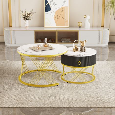 Couchtisch 2er-Set MDF Weiß in Marmoroptik, Satztische mit Schublade und Stellfüßen