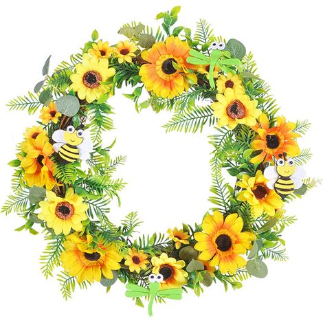 Guirlande Suspendue - Couronne Artificielle Tournesol Abeille Feuillage Vert - Pour Porte D'Entrée Décoration Printemps Été Pâques - 40 cm (1/5)