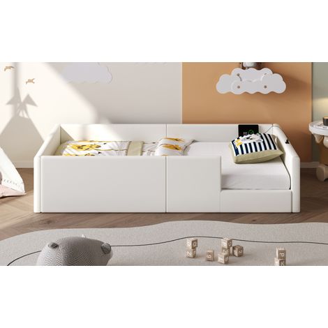 Lit plateforme capitonné 90x200 cm moderne, MDF et PU blanc, avec barrières de sécurité, station de charge et sommier à lattes (1/5)