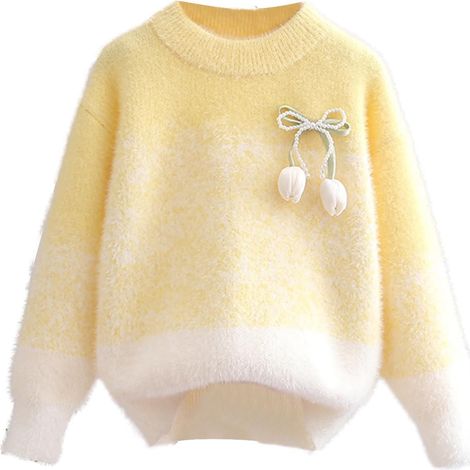 Pull-over Coton - Col Rond Avec Nœud Et Appliqués Fleurs - Pour Filles 11 Ans - Jaune - 200 GSM