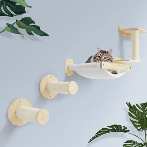 Étagère d'escalade Murale pour Chat - Meuble Mural pour Chat avec 2 Marches d'escalade, Hamac et Griffoir, Mur de Perchoir pour Chats en Bois, Lot de 4 (1/5)