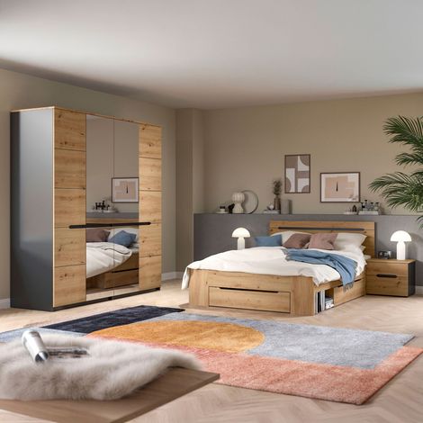 Ensemble lit 144x205x87 + 2 chevets + armoire à miroir naturel - KANUT