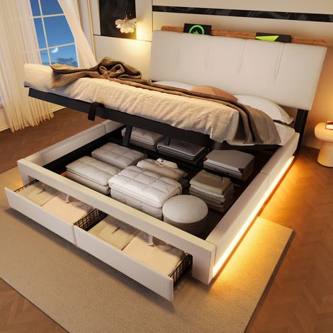 Lit coffre double 140x200 cm avec LED, USB et USB-C, rangement hydraulique, tiroirs, tête de lit rangement, tissu lin beige (1/5)