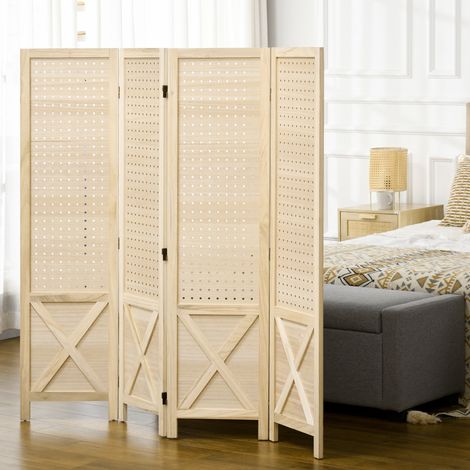 Paravent intérieur en bois 4 panneaux séparateur de pièce pliable panneau perforé 152 x 1,7 x 144,5 cm bois naturel