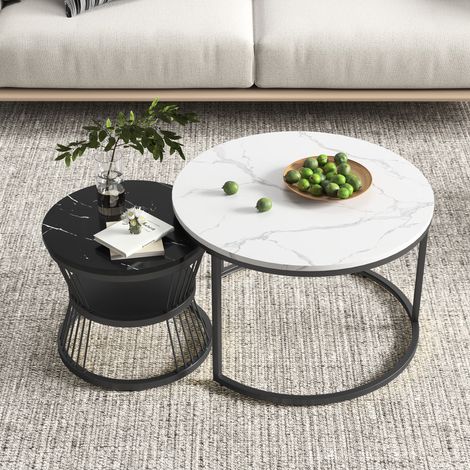 Table basse,Table basse salon,Table basse ronde,Table de Salon pour canapé,Ensemble de 2 tables basses noir et blanc,Marbrée (1/5)