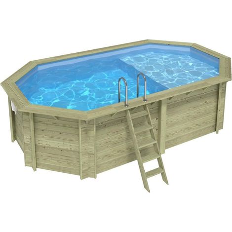 Piscine en bois NEMO 5.79 x 3.49 - H.1.45 m avec plage, bleu pâle, cadre en métal - sans dalle