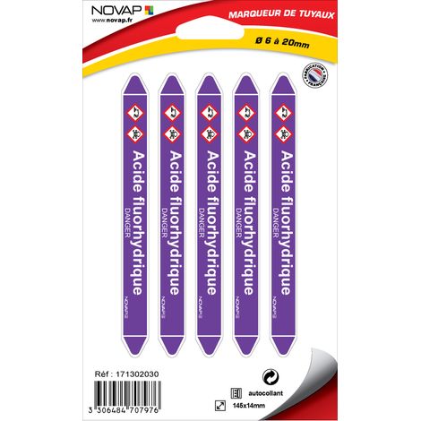 Planche de 5 marqueurs de tuyauterie 145 x 14 mm pour Ø 6 à 20 mm - Acide fluorhydrique - 4707976