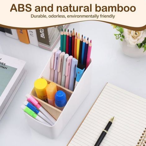 Boîte de rangement bureau - - 4 compartiments amovibles - Blanc - ABS et bambou naturel - Multifonctionnel (1/5)