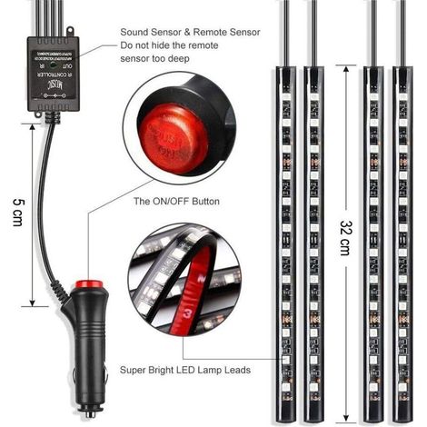 Lot di 4 Luci LED Interne per Auto - 72 LED Multicolori - Illuminazione Interna con Funzione Attivazione Sonora e Telecomando Wireless - DC 12V (1/3)