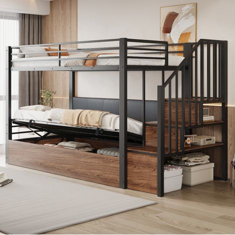 Lit coffre 90x200 cm - Lit superposé - Avec rangements - Avec tête de lit en PU - En métal et MDF - Noir (1/5)