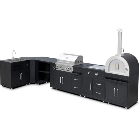 Oviala – Cuisine d'extérieur angle 6 modules – Barbecue gaz 4 brûleurs avec rôtissoire – Four à pizza 207 cm – Évier inox avec tuyau de vidange