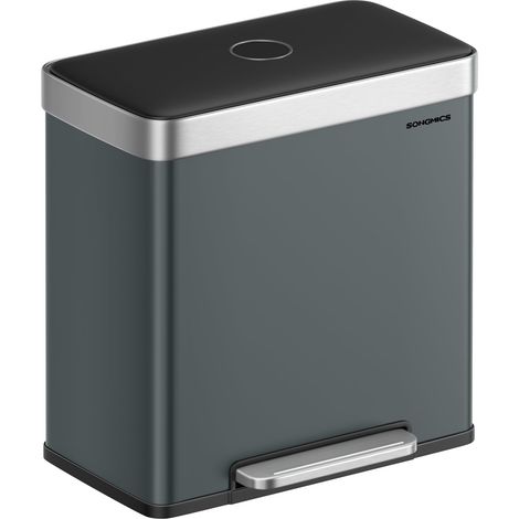 Poubelle Tri Sélectif 2 Bacs, 2 x 30L, Poubelle Double Cuisine en Acier Inoxydable, 15 Sacs, Seaux en Plastique, Couvercles à Fermeture Lente, 58,2 x 36,5 x 60,5 cm, Gris Verdâtre LTB202G01 (1/5)