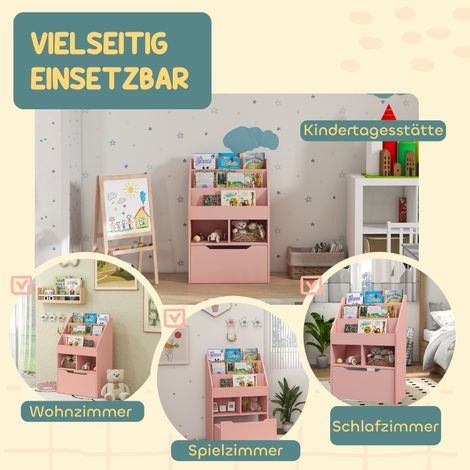 Étagère de rangement pour enfants avec tiroir, 3 compartiments et 2 niches ouvertes, meuble de rangement pour chambre d'enfant et salle de jeux, couleur rose, dimensions 60 x 29,9 x 90 cm (1/5)