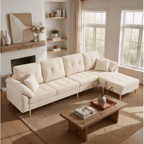 Canapé 4 places en velours côtelé avec pouf mobile, format de 250 cm, salon modulable en angle gauche ou droit, confort moelleux pour le séjour  CHICFURN (1/5)