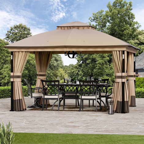 Tonnelle de Jardin Extérieur 3.3x4m avec Toit Double Couche Structure Métallique Robuste LED lumière Khaki Modern Shade (1/5)