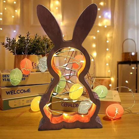 Holzhase mit LED-Lichterkette Hasenlampe moderner Holzhase dekorativer Osterhase aus Holz frühlingshafte Ostertischdekoration stehender Osterhase 30 (1/5)