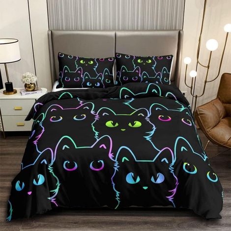 Kinder Bettwäsche Set mit Katzen Motiv, 3-teilig, 200x200cm, Mikrofaser