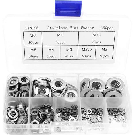 Kit surtido de 360 ​​arandelas planas de acero inoxidable M2 M2.5 M3 M4 M5 M6 M8 M10 (1/4)