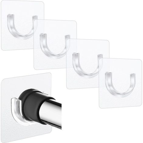Set of 4 adhesive shower curtain rod brackets, no drilling required - transparent tension hooks - sturdy wall mounting sticker
