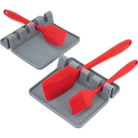Lot de 2 repose-ustensiles de cuisine avec tapis d'égouttement - Porte-cuillère en silicone pour plaque de cuisson et comptoir, résistant à la chaleur, sans BPA, plateau antidérapant pour cuillères (1/5)