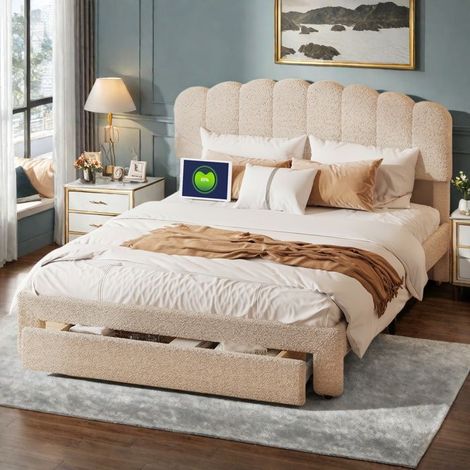 Bett 160x200 cm, Bettgestell Erwachsene 160x200 cm, Gepolstertes Bett 160x200 cm, Lattenrost inklusive, USB-Anschluss und 1 Schublade, Beige (1/5)