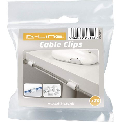 D-Line CTCLIP20PK Fermacavi Adesivi, Clip Fermacavi, Fermacavi Scrivaniam - 20x Clip Per Cavi - Bianco