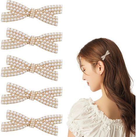 Set mit 5 Haarspangen mit Perlenschleife, Entenschnabel-Haarspangen und goldfarbenen Metall-Haarspangen – Elegante und niedliche Haaraccessoires (1/5)