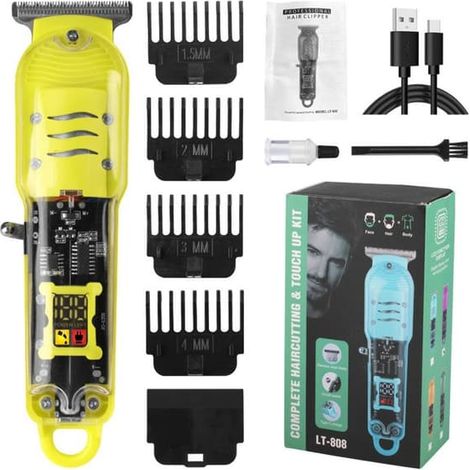 Tondeuse à cheveux électrique avec boîtier transparent, écran LCD et 4 sabots de coupe - Jaune (1/5)